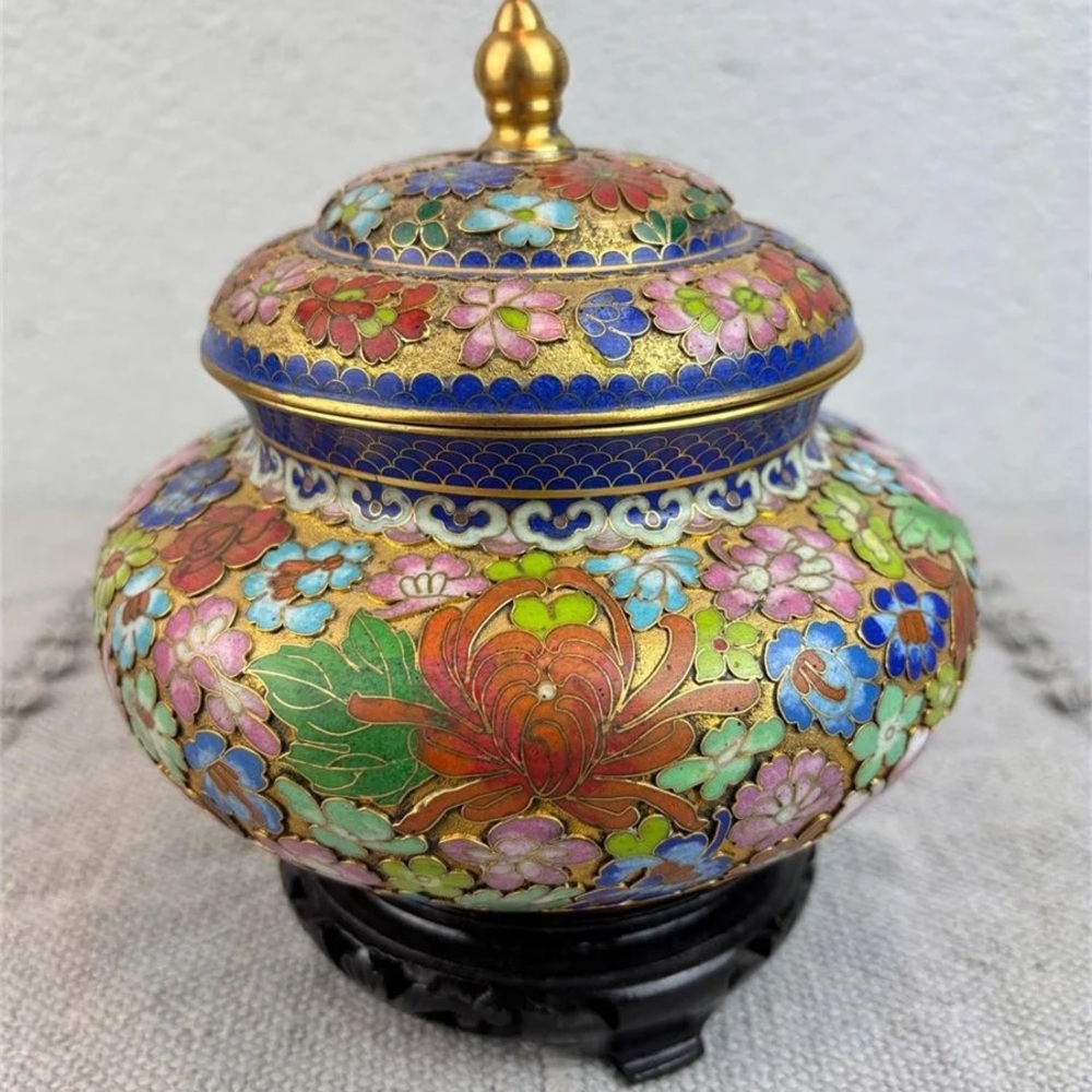 Vintage MCM Chinese Cloisonné Floral Ginger Enamel Jar With Base & Lid